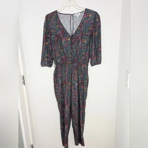 EVEREVE WOMENS floral Fall jumpsuit 3/4 ballon sleeves ockets cotton blend Small - Picture 3 of 15